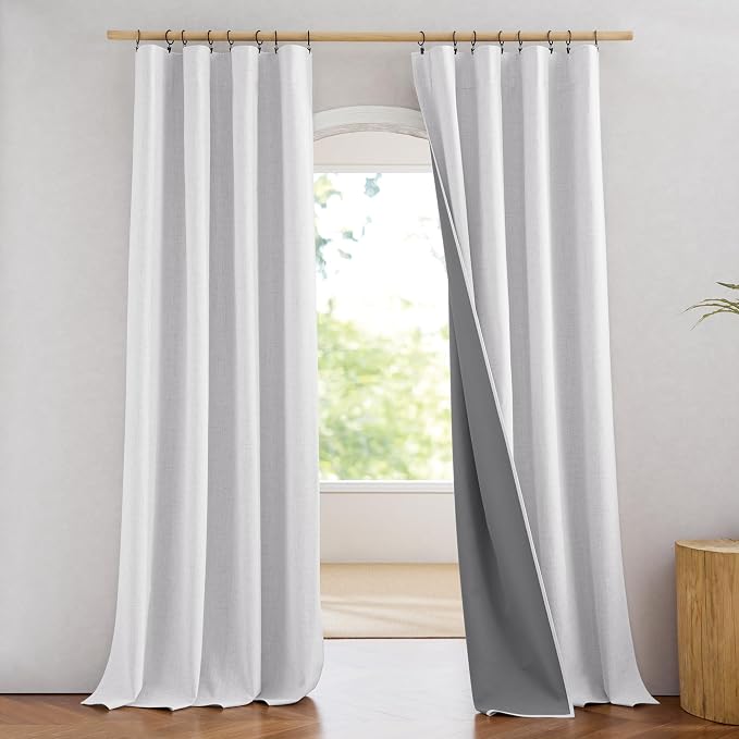 NICETOWN 100% Blackout Linen Curtains 108" Length 2 Panels, Greyish White | Thermal Insulated Master Bedroom Curtains Noise Reducing, Glare Reduction Window Draperies for Living Room, W52" x L108"