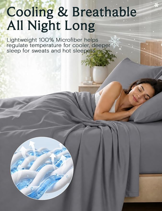 LuxClub 4 PC Queen Sheet Set, Deep Pockets Wrinkle Free Cooling Bed Sheets Hotel Bedding for Women, Men, Includes 1 Fitted Sheet, 1 Flat Sheet and 2 Pillowcases-Soft Light Grey | LuxClub Silky Fitted Sheet & Pillowcase Sets, Breathable Hotel Luxury Bed...