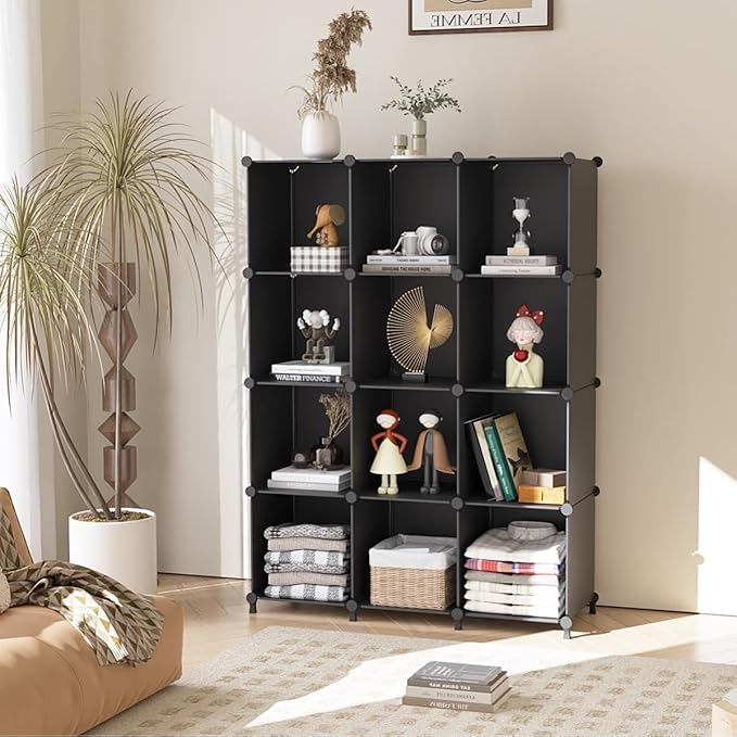 AWTATOS 12 Cube Storage Organizer, Closet Organizer Storage Shelves, Black | Portable Closet, DIY Stackable Storage Cubes Shelve, Plastic Clothes Organizer Shelving for Home, Bedroom