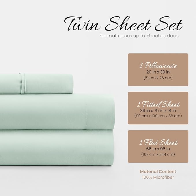 Linen Market Brushed Microfiber Twin XL Sheet Set 3 Piece – Oeko-TEX Certified Ultra Soft & Wrinkle-Free - 16" Deep Pocket Sheets - Easy Care Twin XL Size - Mint