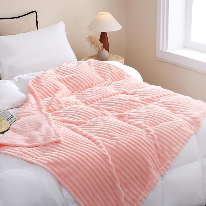 Light Pink Fleece Throw Blanket 50”×70” for Couch Sofa Livingroom | Super Soft Cozy Plush Microfiber Flannel Bed Blanket Striped Design Lightweight Home Decor Gifts for Adults Mom Women