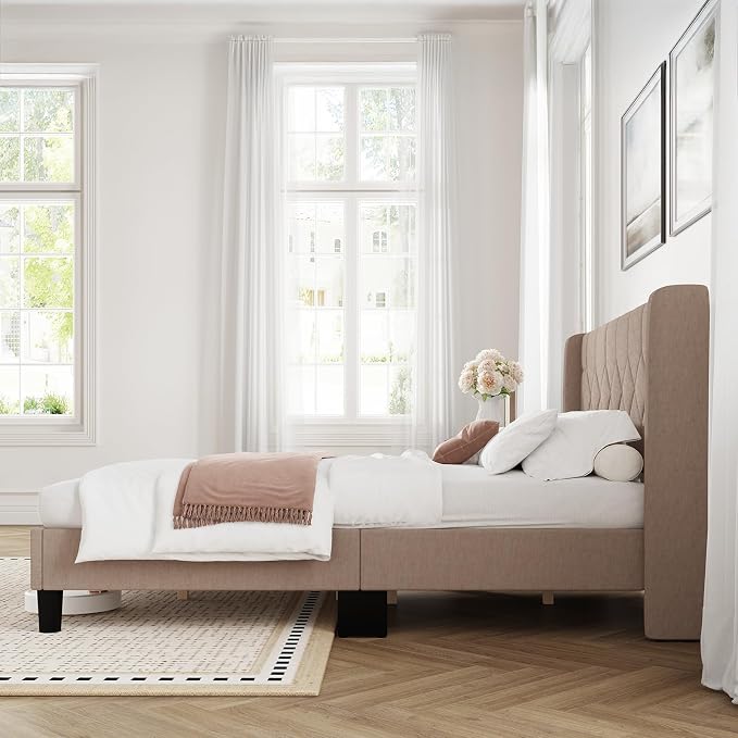 Novilla Full Size Bed Frame, Full Bed Frame with Headboard, Linen Upholstered Pull-Point Wing Side Headboard, No Box Spring Needed, Heavy Duty Feet, Easy Assembly, Beige