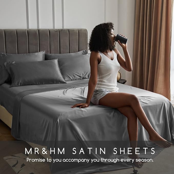 MR&HM Satin Sheets Twin XL Size with Elastic Corner Straps, Dark Grey | Similar to Silk, 3-Piece Silky Soft Bed Sheet Set, Gentle on Skin and Hair, 15" Deep Pocket, Cooling & Breathable