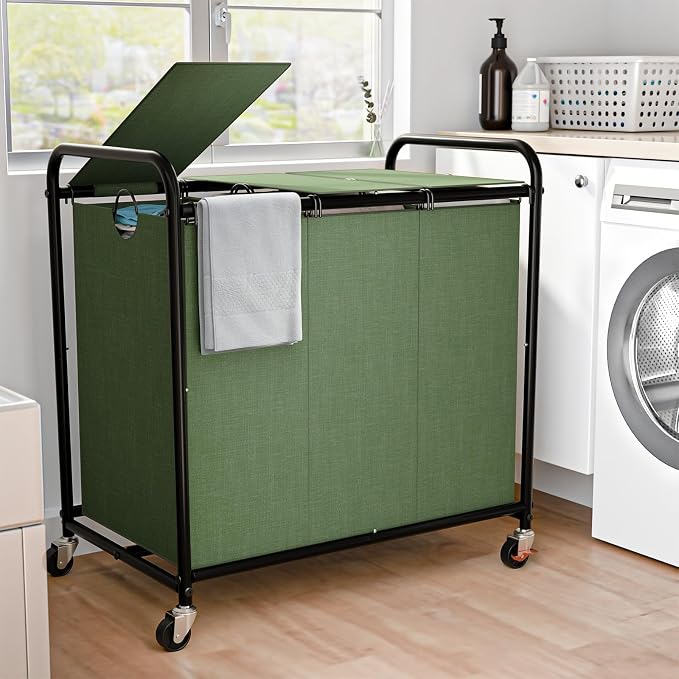 180L Laundry Sorter 3 Section, Rolling Laundry Basket with Wheels and Lid | 47.55 Gal Laundry Hamper, 3 Separated Removable Bags, Lockable Wheels, Dirty Clothes Hamper for Laundry Room Organizer, Green