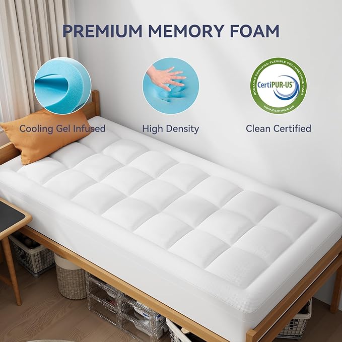 ELEMUSE 3 Inch Twin Dual Layer Memory Foam Mattress Topper with Pillowtop | 2 Inch Cooling Gel Foam,1 Inch Soft Pillowtop Pad, Pressure Relief Bed Topper, Comfortable Support
