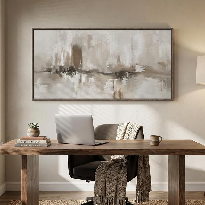 Large Framed Neutral Abstract Wall Art for Living Room, Horizontal 60x30 In | Modern beige brown pictures, Canvas prints, Wood frame, Minimalist artwork for walls, Wall decor for bedroom dining office