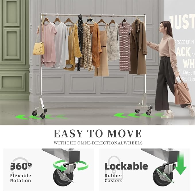Simple Trending Industrial Grade Z Base 70inches Extra Long Clothes Garment Rack, Commercial Grade Rolling Clothing Rack, Heavy Duty 450lbs Load with Wheels, Chrome | Heavy Duty Commercial Grade Clothing Rack 70" Extra Long, 360°Lockable Wheels, for Ho...