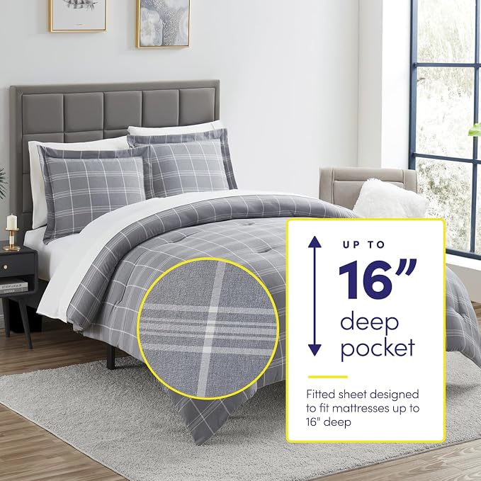 7 Piece Comforter Set Bag Solid Color All Season Soft Down Alternative Blanket & Luxurious Microfiber Bed Sheets, Twin, Gray Plaid