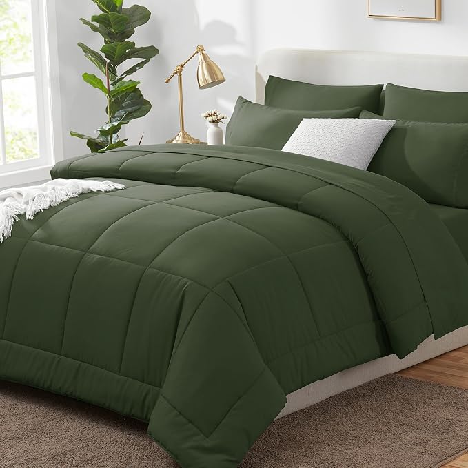 Full Size Comforter Sets Olive Green - 7 Pieces Bed in a Bag | OEKO-TEX Certified, All-Season, Bedroom, Guest Room, Down-Alternative Comforter + Flat & Fitted Sheets + 4 Pillowcases