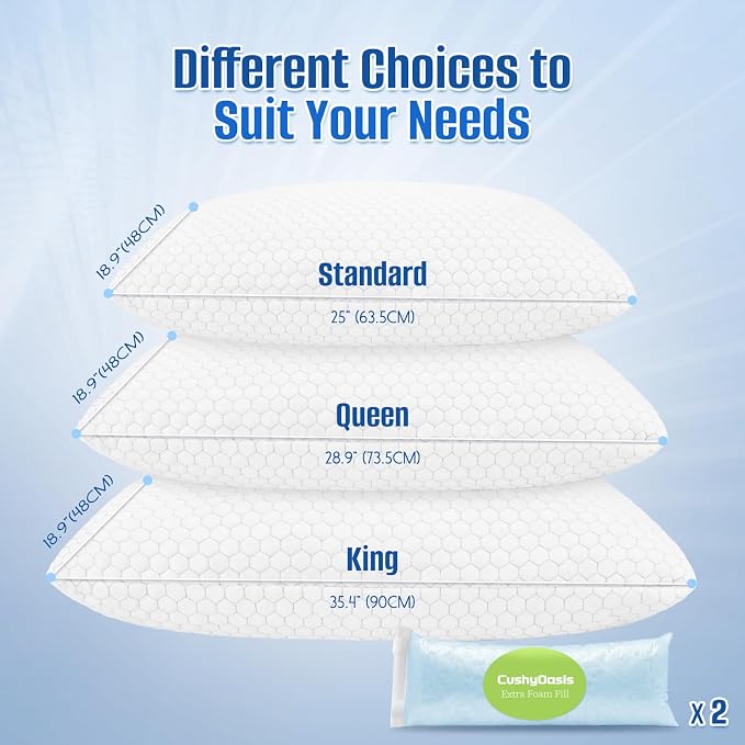 CushyOasis Cooling Pillow for Sleeping, Pillows Queen Size Set of 2, Gray | CertiPUR-US Shredded Memory Foam Pillows, Cool Bed Pillow for Hot Sleepers, Adjustable Firm for Side, Back, Stomach Sleepers