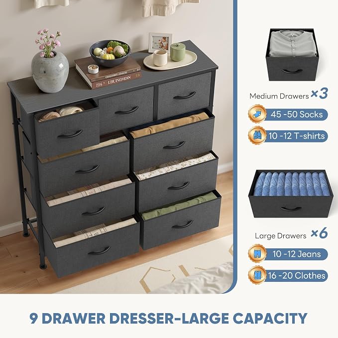 DUMOS Dresser for Bedroom, 9 Fabric Storage Tower Unit Dresser Organizer | Wood Top Table Furniture, Chest of Drawers for Closet, Living Room, Hallway, Grey