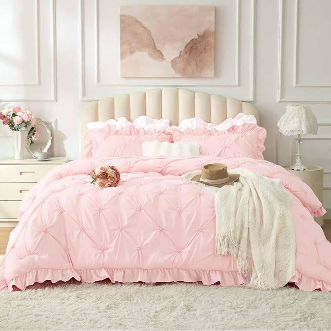 BEDELITE King Comforter Set Ruffle-Baby Pink,Lightweight & Soft Comforter | Pintuck Boho Bedding, Warm & Cute Bed Set for All Season,With 2 Pillowcases