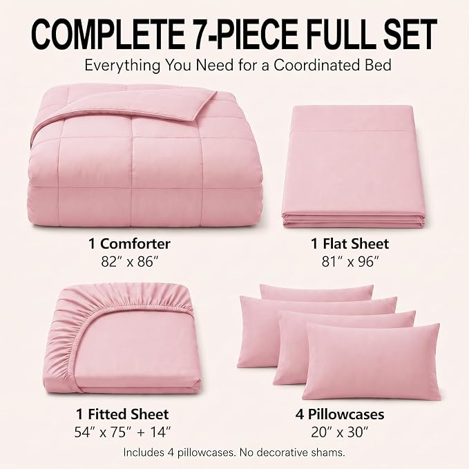 Full Size Comforter Sets Pink - 7 Pieces Bed in a Bag | OEKO-TEX Certified, All-Season, Bedroom, Guest Room, Down-Alternative Comforter + Flat & Fitted Sheets + 4 Pillowcases