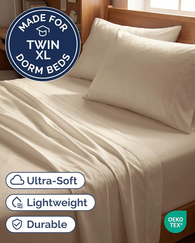 Twin XL 4 Piece Sheet Set - College Dorm Room Essentials - Cream | Ultra Soft Dorm Bedding Set, 8" to 16" Inch Deep Pockets, 1 Flat & 1 Fitted Sheet & 2 Pillowcases, Wrinkle & Fade Free