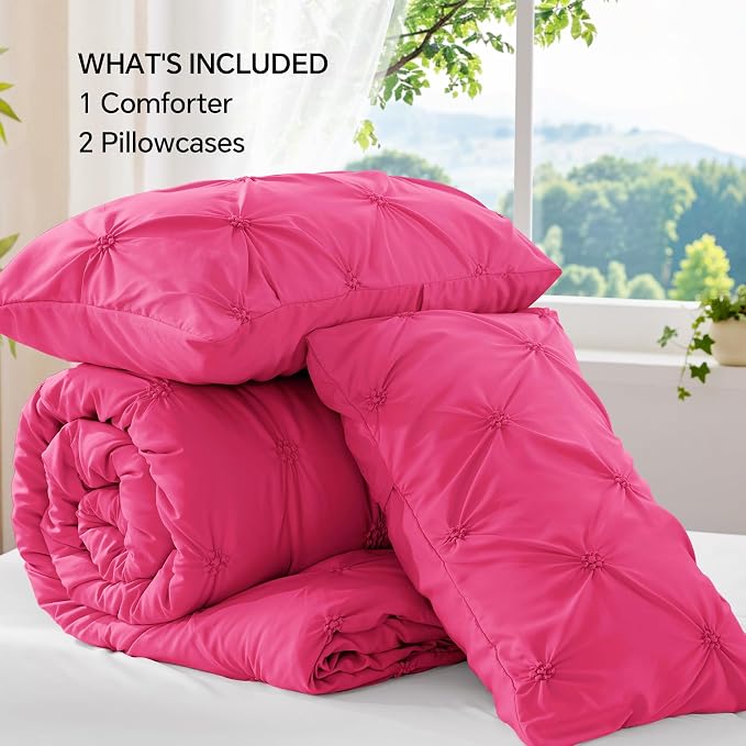 BEDELITE Queen Comforter Set Hot Pink,Lightweight & Soft Comforter | Pintuck Boho Bedding, Warm & Cute Bed Set for All Season,With 2 Pillowcases