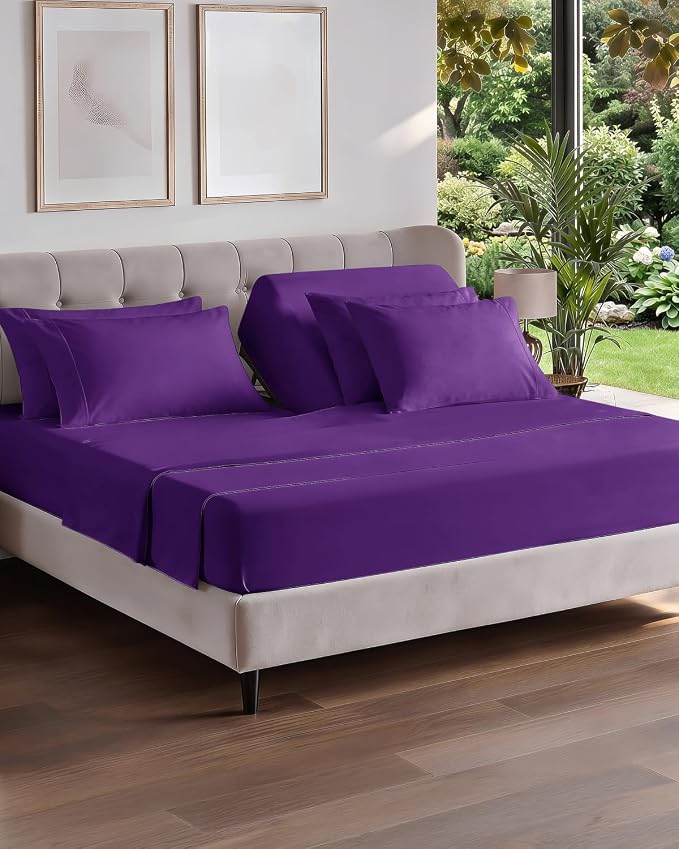 Flex Top Split Head King 6 Piece Sheet Set - Breathable & Cooling - Purple | Ultra Soft Hotel Luxury Bedding Set w/ 8-16 Inch Deep Pockets, 1 Flat & 1 Split-Head Fitted Sheet & 4 Pillowcases, Fade Free