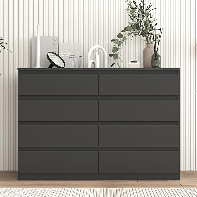 Vibe & Dine 8 Drawer Double Dressser, Modern Chest of Drawers with Wide Storage for Closet, Bedroom, Living Room, Black