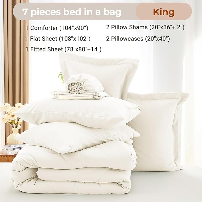 7 Pieces King Comforter Set, Soft Bed in a Bag King Size, All Season Bedding Set with Comforter, Flat Sheet, Fitted Sheet, Pillowcases & Shams, Ivory