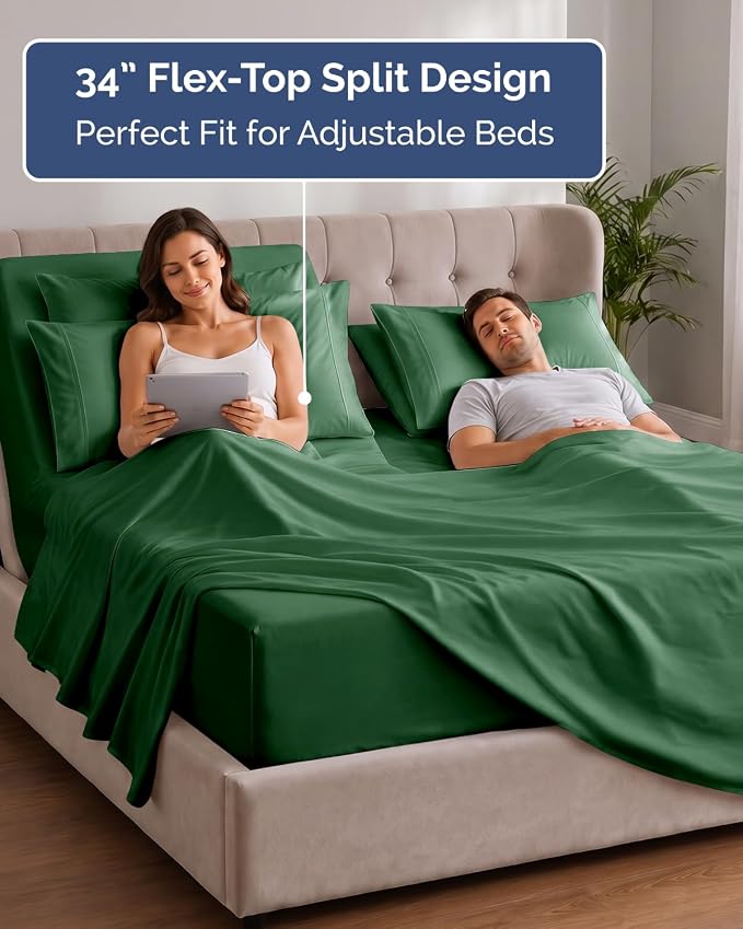 Extra Deep Flex Top Split Head King Sheet Set - 6 Piece Breathable and Cooling Sheets - Hotel Luxury Bedding for Women, Men, Kids & Teens - Easy Secure Fit - Extra Deep Pockets - Emerald Green