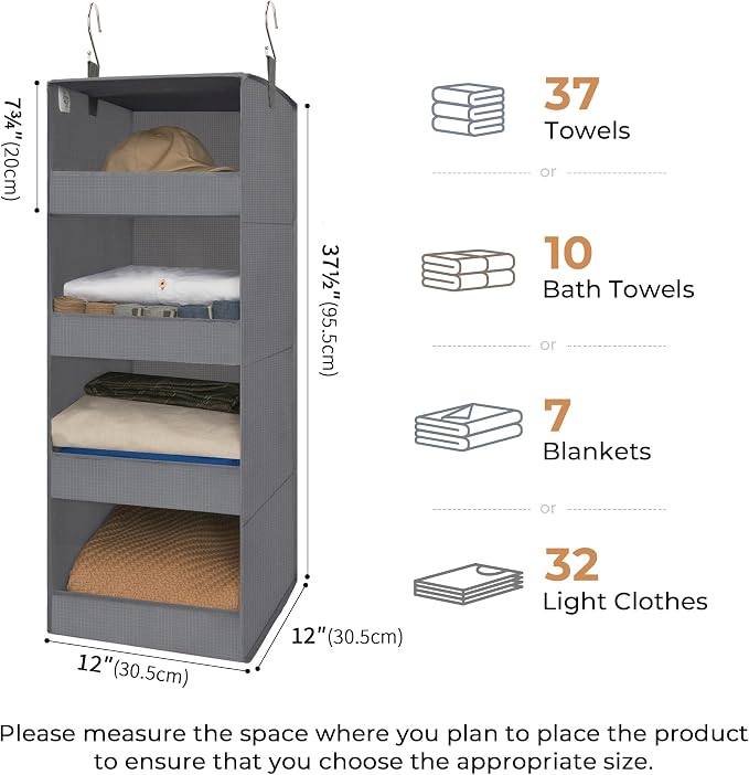 GRANNY SAYS 4-Shelf Hanging Closet Organizer, Foldable Storage, Gray | 44 lb Capacity, No-Sag Support, Keeps Clothes Neat, Folds Flat, Fits RV, Dorm & Small Closets, 2 Pack