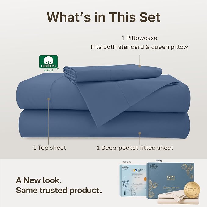 California Design Den Softest 100% Cotton Sateen Twin Size Sheets Set 3 Pcs | Soft 500 Thread Count Backed by Good Housekeeping Seal, All-Around Elastic, Easy Care, OEKO-TEX certified - Denim Blue