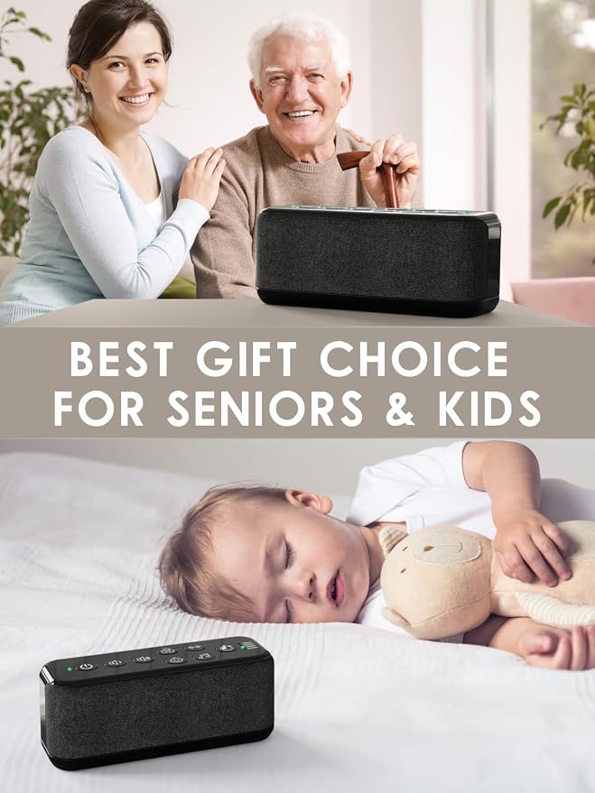 White Noise Machine with Rain Sounds, Rechargeable Sound Machine for Sleep | 42 Non-Looping Sounds, USB-Rechargeable 3000mAh Battery, Dual Speakers, Auto-Off Timer, 8 Volume Levels and Memory