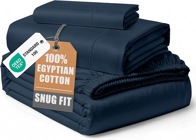 LANE LINEN Twin Bed Sheet Set 100% Egyptian Cotton Sateen - Dark Denim | Deep Pocket Twin Sheets - 3-Piece Set, Ideal For Dorms And Guest Beds, For A Luxurious Night's Sleep, Luxe Sheen