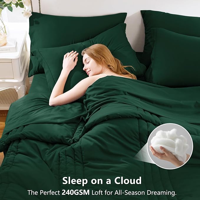 Oversized King Comforter Set Emerald Green- 7 Pieces Bed in a Bag | OEKO-TEX Certified, 240GSM Down-Alternative Comforter, 14" Deep-Pocket Sheets, Shams & Pillowcases, Lightweight