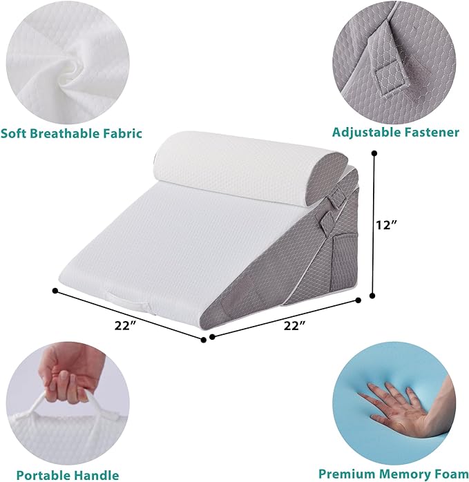 Wedge Pillow Set for After Surgery, Orthopedic Bed Wedge White/Grey | Adjustable 9&12 Inch, Bed Wedge Pillow For Headboard, Acid Reflux&Back Pain Relief, Sleeping&Sitting Up, Neck&Lumber Support