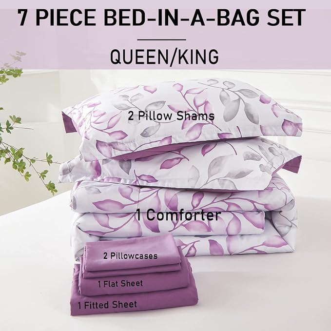Yogeneg Botanical Comforter Set Queen Size 7 PCS Bed in a Bag,Purple Grey Leaves Printed on White Reversible Design,Soft Microfiber Bedding Complete Set for All Season(Purple,Queen)