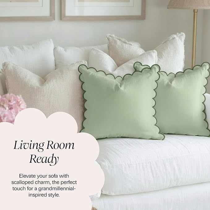 BEBE BASK Scalloped Pillow Cover Set of 2, 18x18, Cotton - Moss Green | 100% Cotton, Scallop Pillow Covers, Grandmillennial Style, 18 by 18 Inch, Easy to Care, Machine Washable, Scalloped Pillows