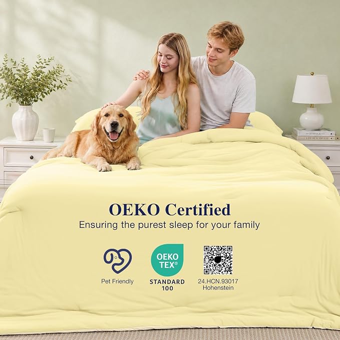 Cooling Queen Comforter Set, Lightweight Summer Comforter for Hot Sleeper, Reversible Bedding with ICY Cooling Surface, Includes 1 Comforter (90"x90") and 2 Shams (20"x 26"), Cream Yellow