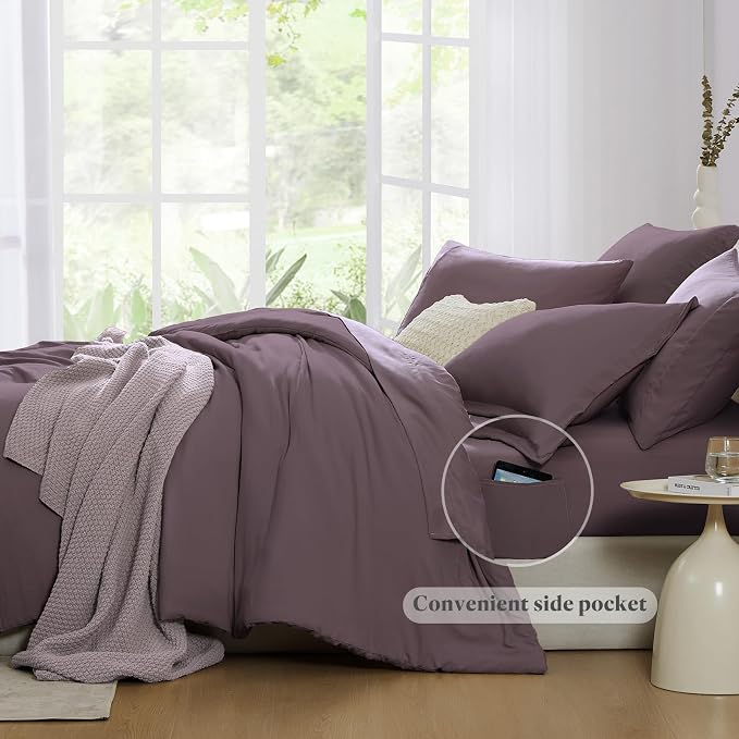 King Size Comforter Set- 7 Pieces Prewashed Bed in a Bag King Bedding Sets | Soft All Season Comforter with Sheets, Pillow Shams & Pillowcases,Artic Plum