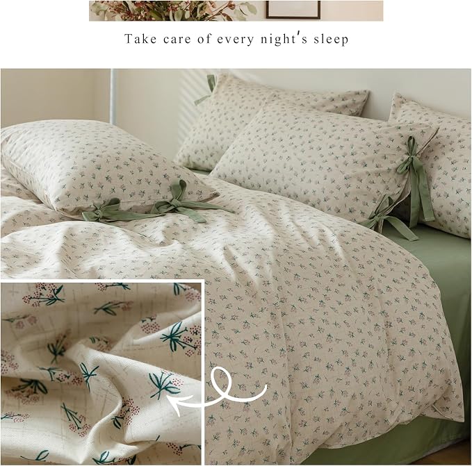 mixinni Country Style Duvet Cover Queen Size - Cottagecore Green Floral Vintage Bedding 3PC with Bow Ties Pillowcases, 100% Cotton Soft Aesthetic Boho Comforter Cover for Girls-Queen Size