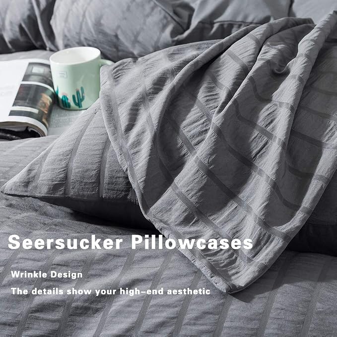 AveLom Seersucker Duvet Cover Set Oversized Queen Size Drey (98 x 98 inches), 3 Pieces (1 Duvet Cover, 2 Pillow Cases), Soft Washed Microfiber Textured Duvet Cover with Zipper Closure, Corner Ties