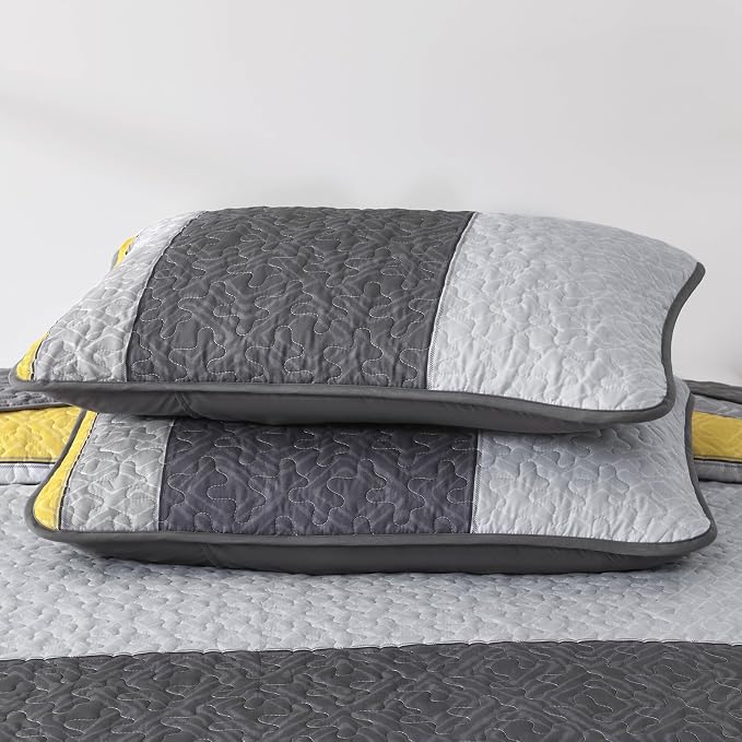 Cottolester Boho King Size Quilt Set,Yellow Grey Striped Bedsperad Coverlet | Lightweight Coverlet Set with 2 PillowShams,All Seasons Microfiber Quilt Bedding Sets for Bedroom Guest Room 110"x90"