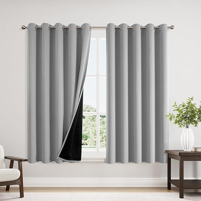 ChrisDowa 100% Blackout Curtains for Bedroom 63 Inches Long 2 Panels Set | 2 Thick Layers, Thermal Insulated, Grommet, Window Treatment, Living Room Drapes with Black Liner, Light Grey, 60 x 63 Inch