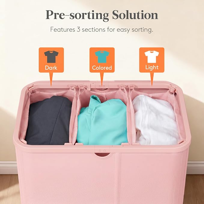 Lifewit 185L 3 Section Laundry Hamper with Lid, Laundry Basket, Pink | Large Foldable Laundry Sorter with 3 Removable Bags, Tall Clothes Hamper for Bedroom and Bathroom