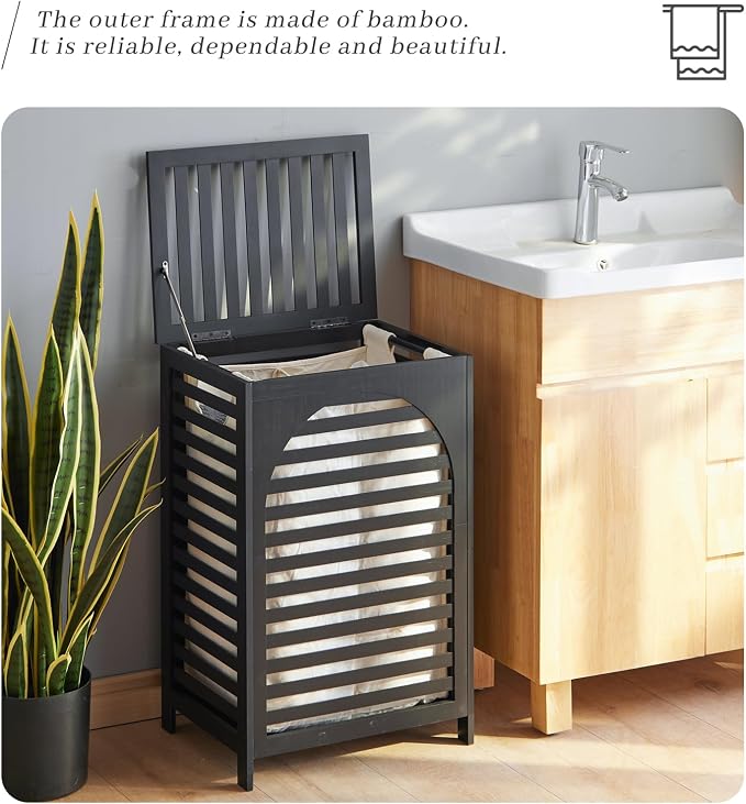 Laundry Hamper with Lid,Bamboo Large Waterproof Clothes Laundry Basket,Removable Washing Bags with Handles,clothes basket (Black)
