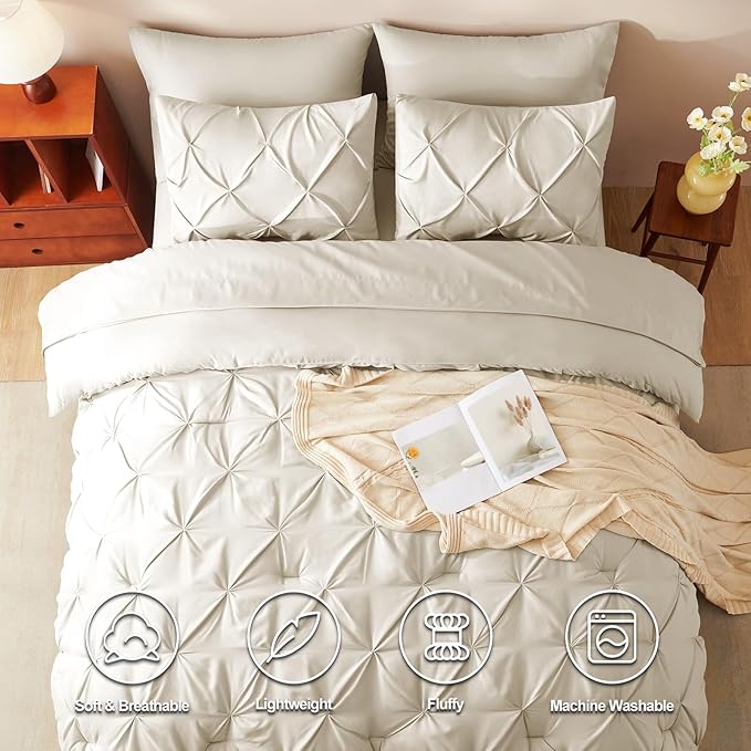 HIMEET Full Size Comforter Set Beige - 7 Pieces Pintuck Bed in a Bag | OEKO-TEX Certified, 240GSM Down Alternative Comforter, 14" Deep Pocket Fitted Sheet + Flat Sheet + 2 Pillowcases + 2 Shams