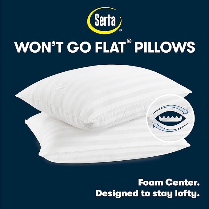 Serta Won't Go Flat Down Alternative Bed Pillows, Extra Life Foam Core with Medium Support, Perfect for Back, Stomach or Side Sleepers (2 Pack), Standard/Queen, White
