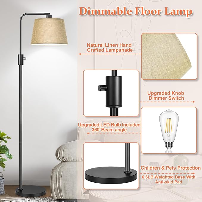 Nintiue Dimmable Floor Lamp, 1000 LM LED Edison Bulb Included, Arc Floor Lamps for Living Room Modern Standing Lamp Tall Lamps for Living Room Bedroom-Champagne