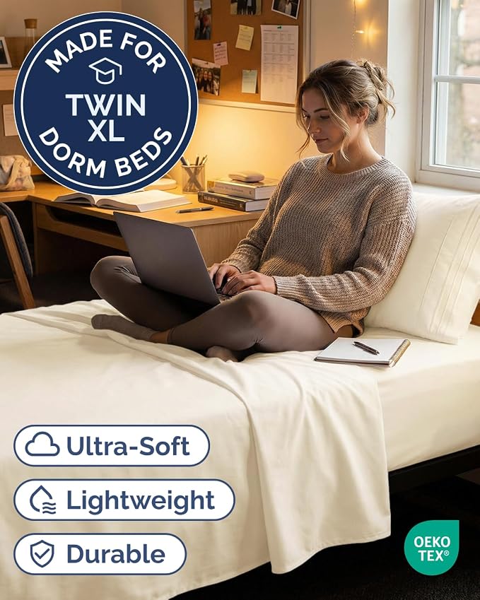 Twin XL 3 Piece Sheet Set - College Dorm Room Essentials - Off White | Deep Pocket Bed Sheets for Women, Men, Teens & Students, Soft, Cooling, Breathable & Wrinkle Free, Oeko-Tex Bed Sheet Set