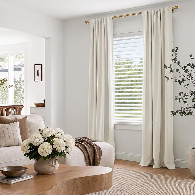 INOVADAY 100% Blackout Linen Curtains for Bedroom 50x90 Inches Beige White | Linen Textured, Light Blocking, Room Darkening, Thermal Insulated, Back Tab Top, Window Curtains for Living Room, 2 Panels