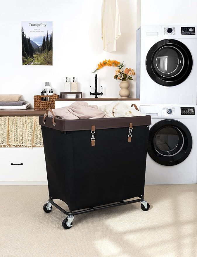 StorageWorks 320L Laundry Basket with Wheels, Rolling Hampers for Clothing | Extra Large Black Laundry Basket with Wheels, Metal Frame & Handles, Hamper for Bedroom, Bathroom, Hotel