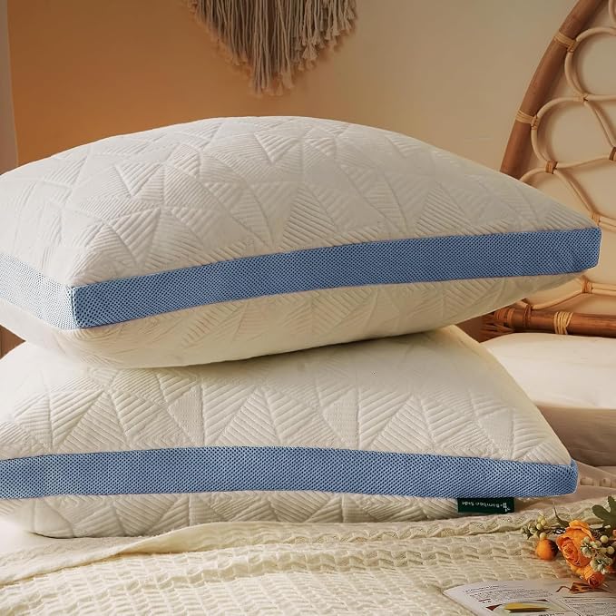 BETU Cooling Pillows Queen Size Set of 2, Shredded Memory Foam Cool Pillows for Hot Sleepers, Adjustable Firm Soft Support Bed Pillows Perfect for Back Neck Pain and Side Sleeping with Cover, Blue
