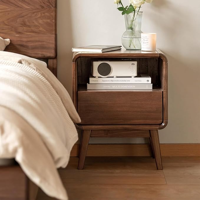 100% Solid Walnut Nightstand with Drawer, Mid-Century Nightstand with Open Storage, Wood Bedside Table for Bedroom,(19.68" H)