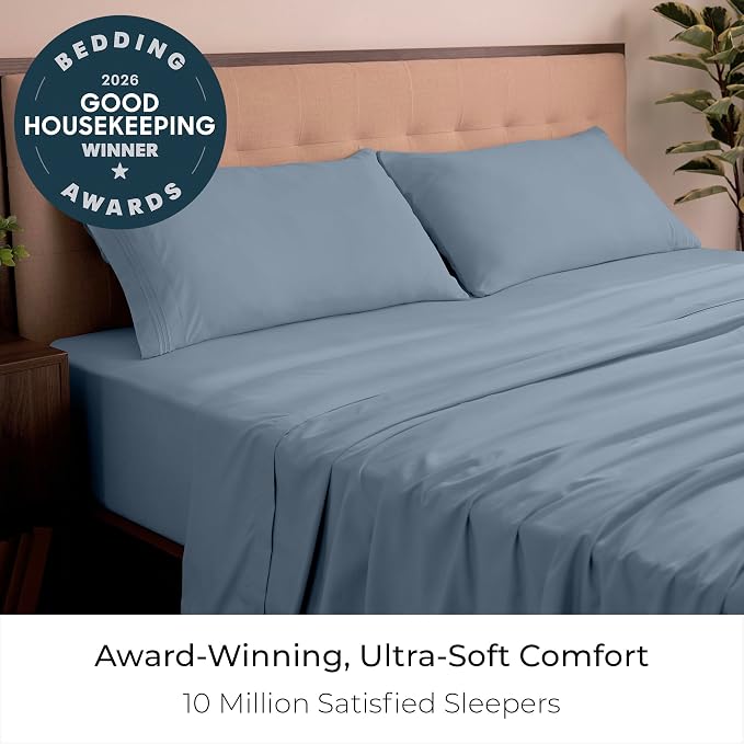 Mellanni Iconic 4-Piece, Ultra Soft Sheet Set (King, Blue Hydrangea) | 10M+ Sleepers. Lab-tested: Sleeps Cool, Stays Bright, Strong, Smooth. Good Housekeeping Best Bedding, 7 yrs running.