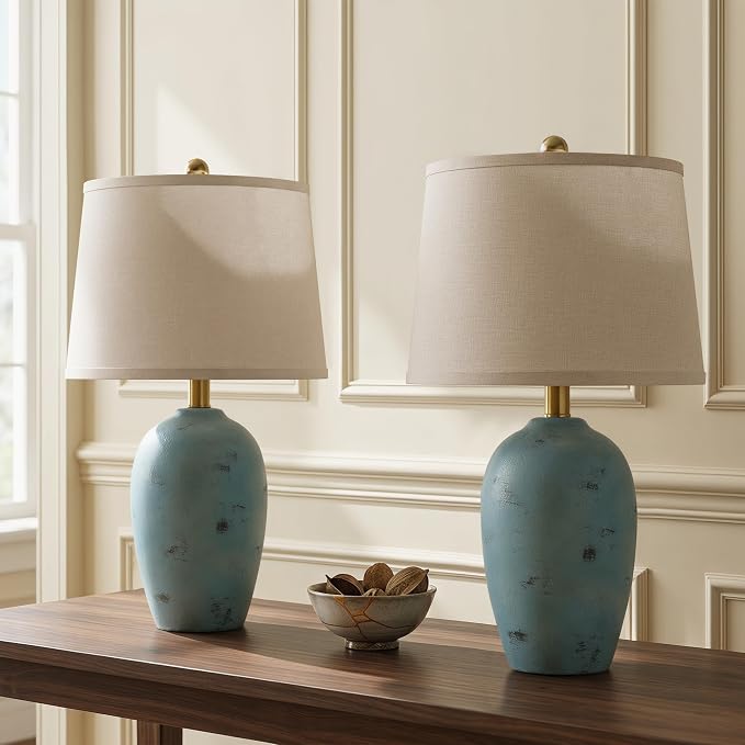 AIEAMPDO 21'' Set of 2 Coastal Small Ceramic Lamps for Bedroom | Traditional Nightstand Bedside Desk Table Lamp for Living Room Office Dorm, 2 Bulbs Included