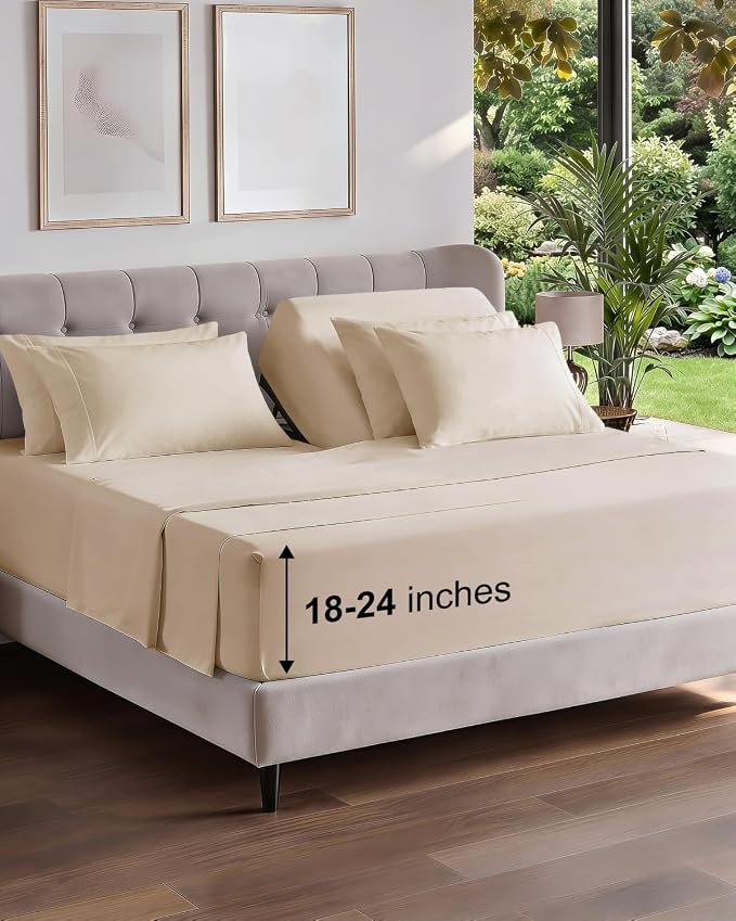 CGK Unlimited Extra Deep Flex Top Split Head King Sheet Set - 6 Piece Breathable and Cooling Sheets - Hotel Luxury Bedding for Women, Men, Kids & Teens - Easy Secure Fit - Extra Deep Pockets - Wheat